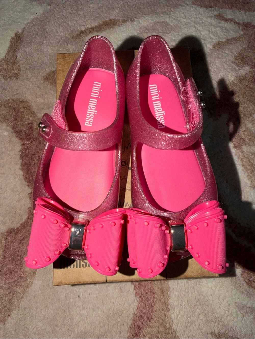 Mini Melissa Ultra Classic Bow Pink Glitter Mary Janes with Hot Pink Bow